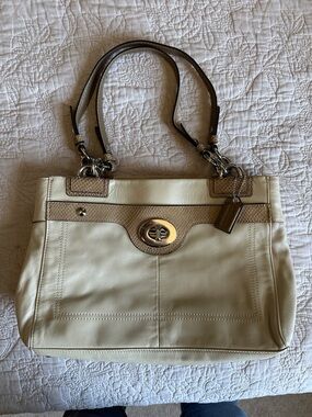 Coach Cream Leather Shoulder Tote with Tan Trim